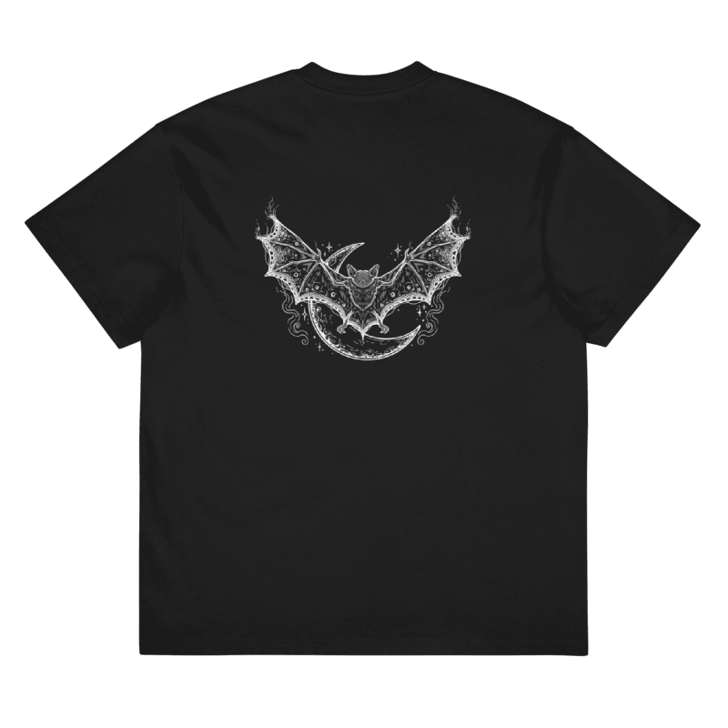 A black short-sleeve t-shirt with a detailed white bat graphic printed on the back.