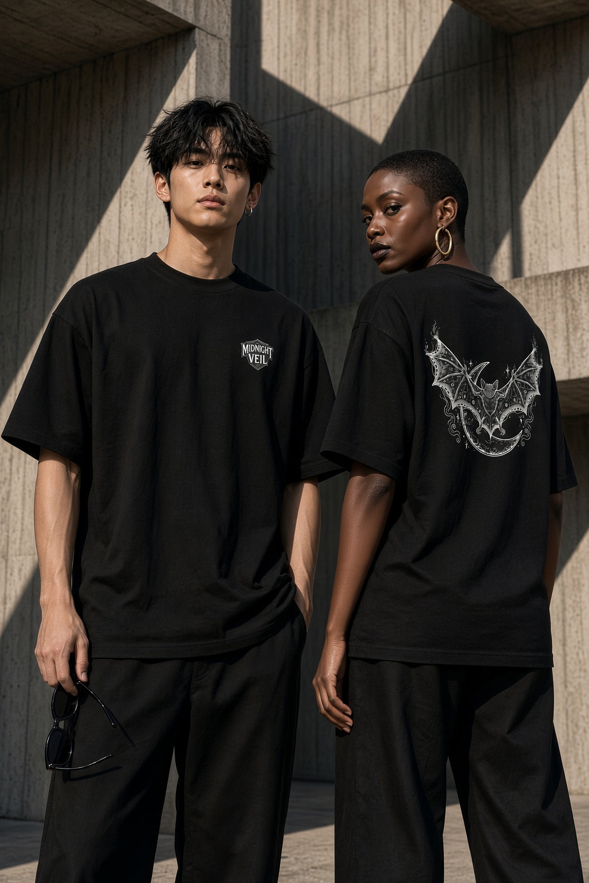 Editorial streetwear lookbook photography of a male model showing the front chest logo and a female model showing the massive white occult bat back engraving on the Midnight Veil Vespertilio Shroud t-shirt in Obsidian Black.