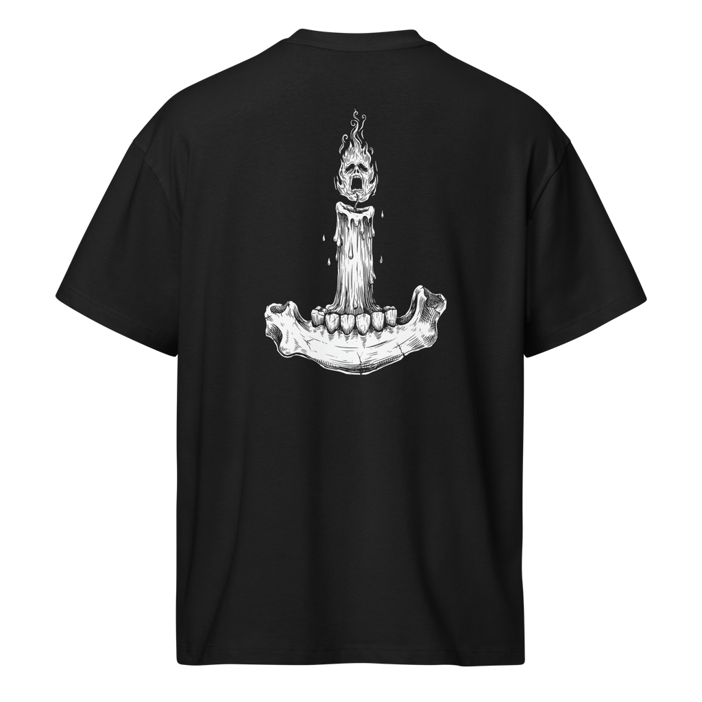 Back of a black heavyweight box tee with a bone candle and jawbone print, shaped on the form