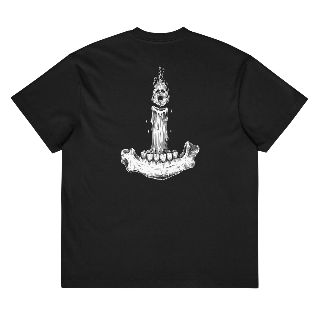 Back of a black heavyweight box tee with a bone candle and jawbone print