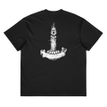 Back of a black heavyweight box tee with a bone candle and jawbone print