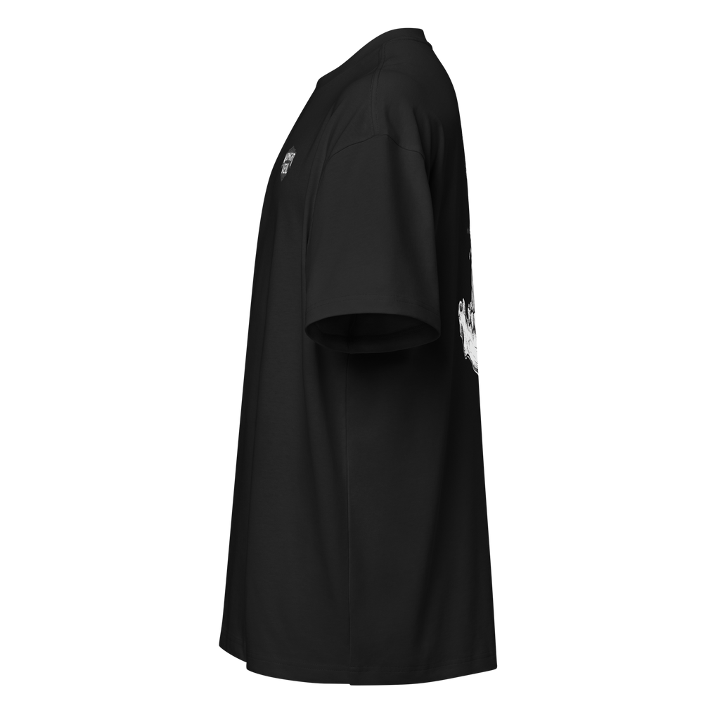 Left side of a black heavyweight box tee showing the candle print stays on the back
