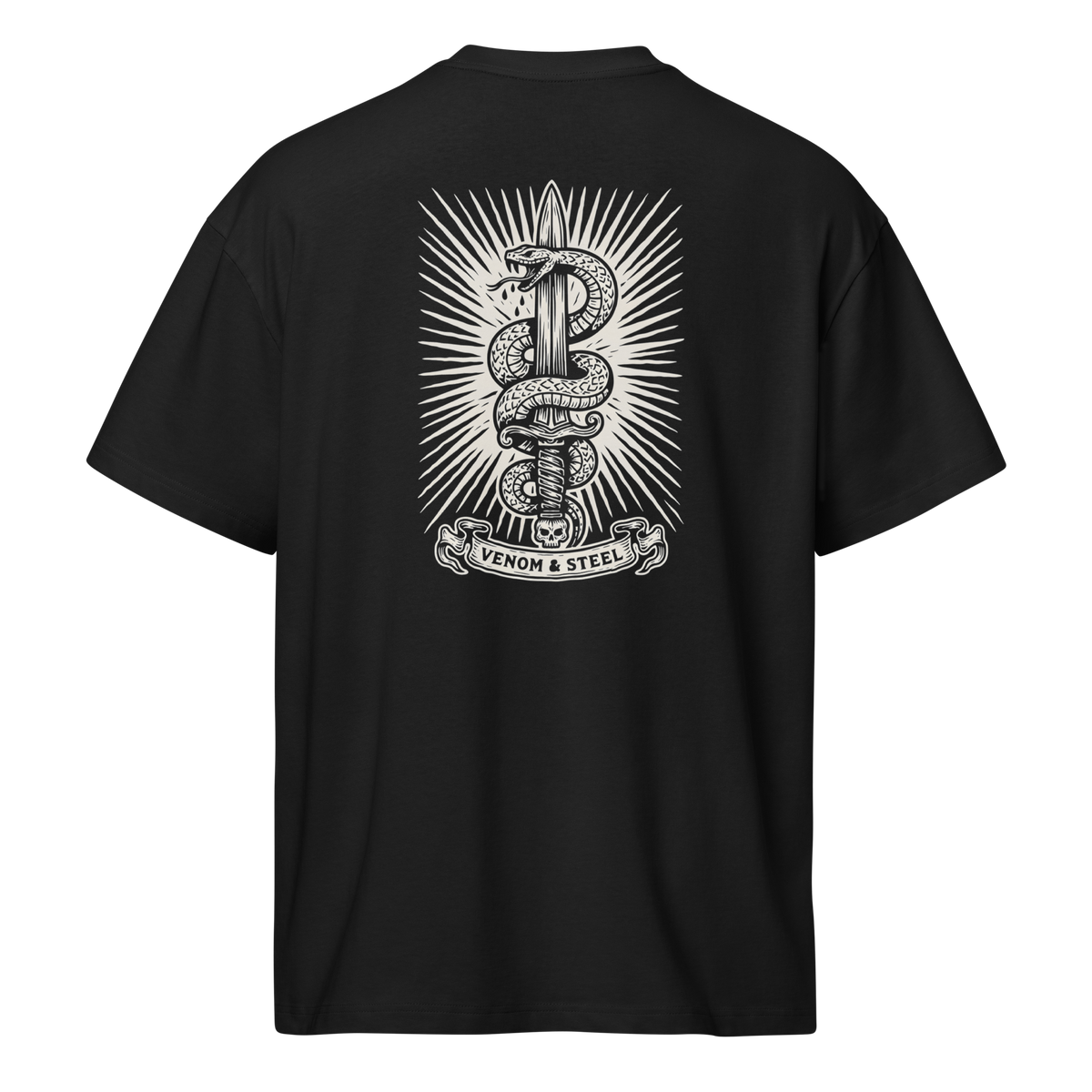 Back of a black heavyweight box tee with a bone snake and blade print, shaped on the form