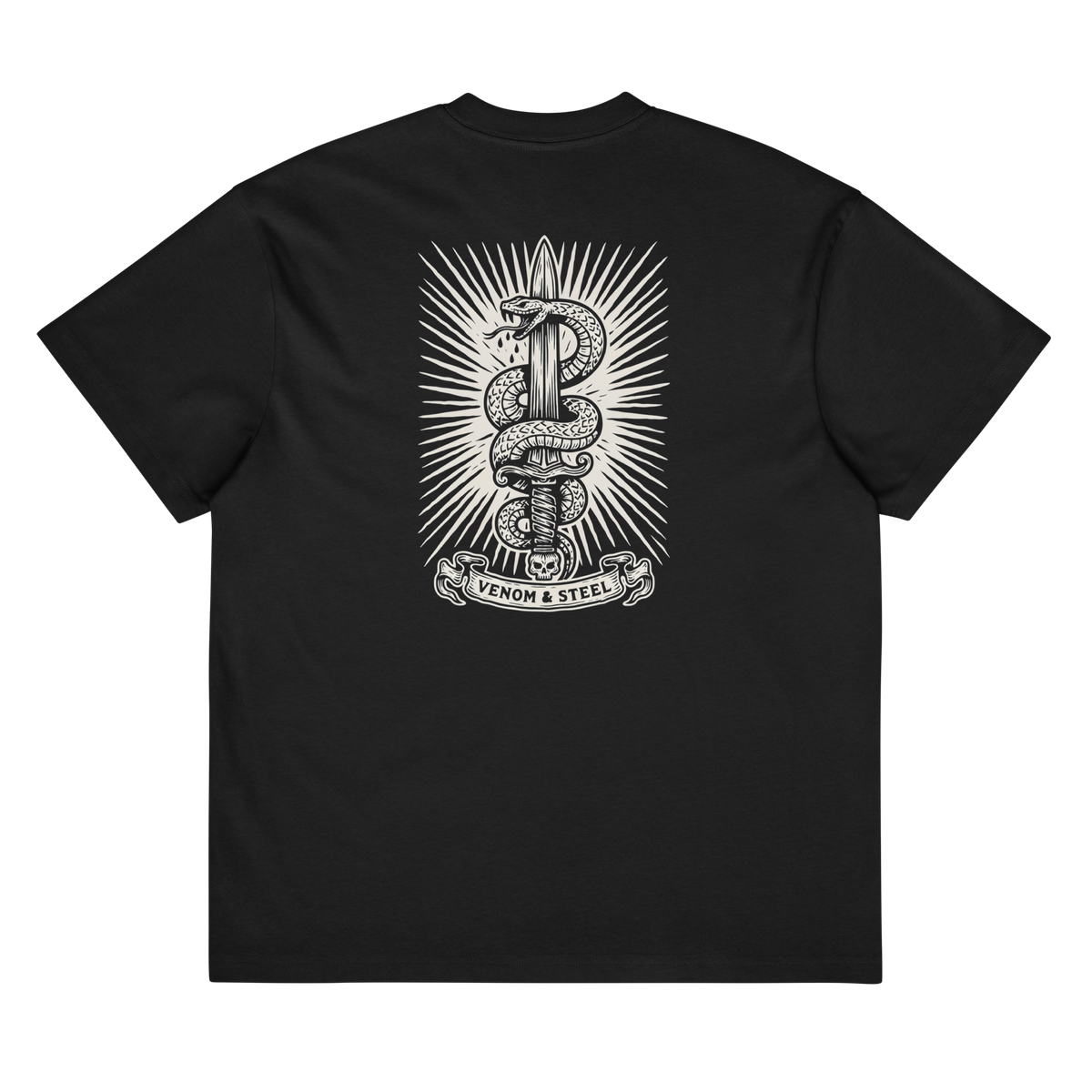 Back of a black heavyweight box tee with a bone snake and blade print