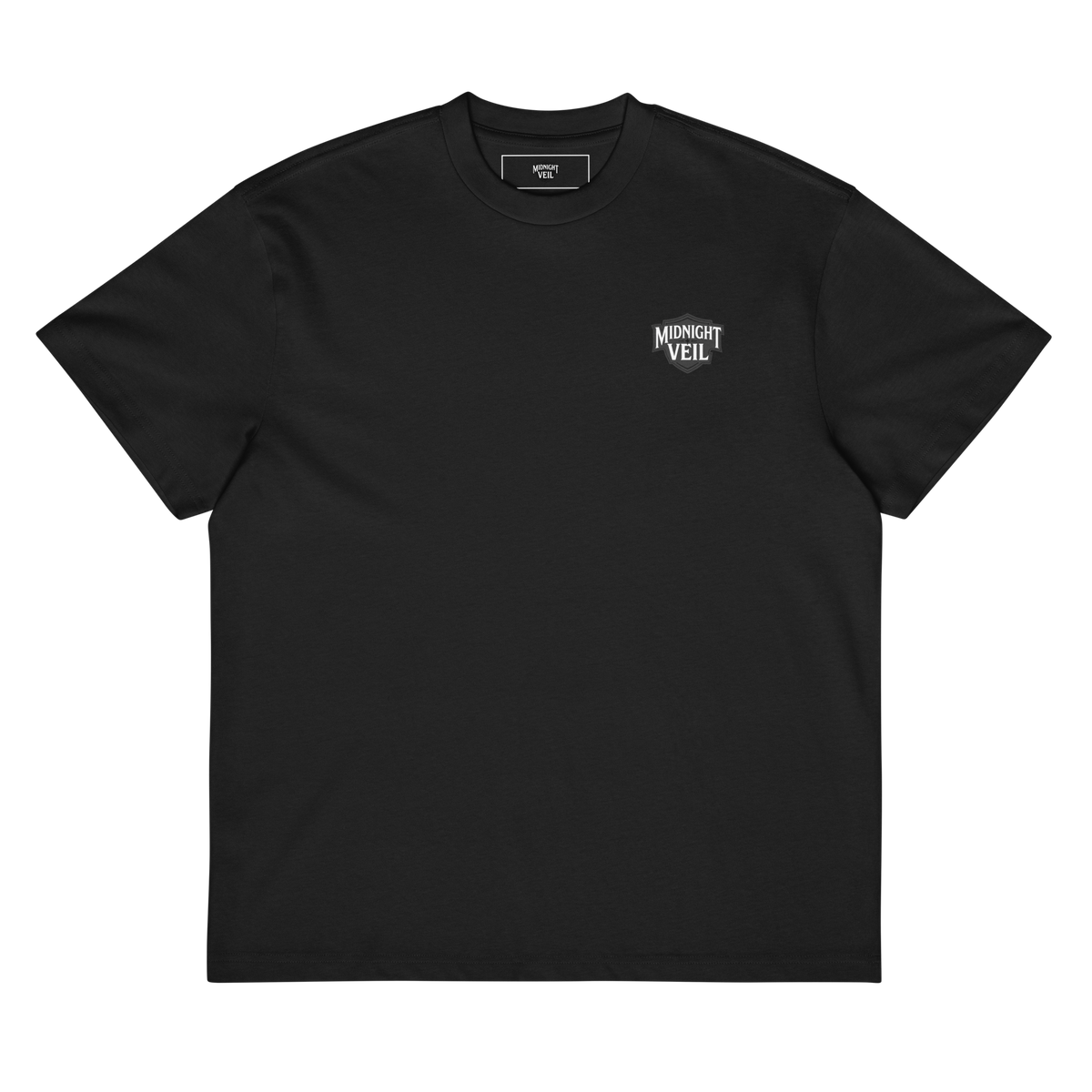 Front of a black heavyweight box tee with a small Midnight Veil mark on the left chest