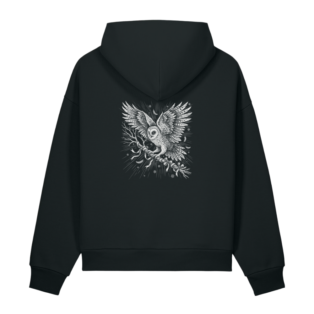 Back of a black heavyweight hoodie with a bone owl on a branch print