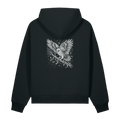 Back of a black heavyweight hoodie with a bone owl on a branch print