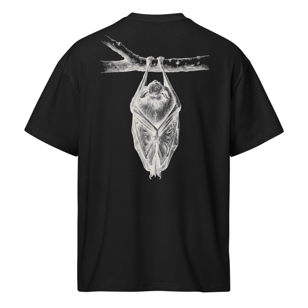 A black short-sleeve t-shirt shown from the back, featuring a large white graphic print of a bat hanging from a branch.