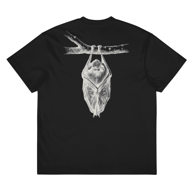 A black short-sleeve t-shirt shown flat featuring a detailed white and gray graphic print of a bat hanging from a branch on the back.