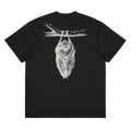 A black short-sleeve t-shirt shown flat featuring a detailed white and gray graphic print of a bat hanging from a branch on the back.