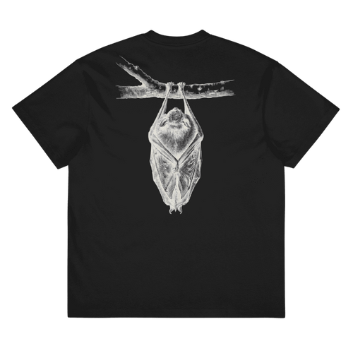 A black short-sleeve t-shirt shown flat featuring a detailed white and gray graphic print of a bat hanging from a branch on the back.