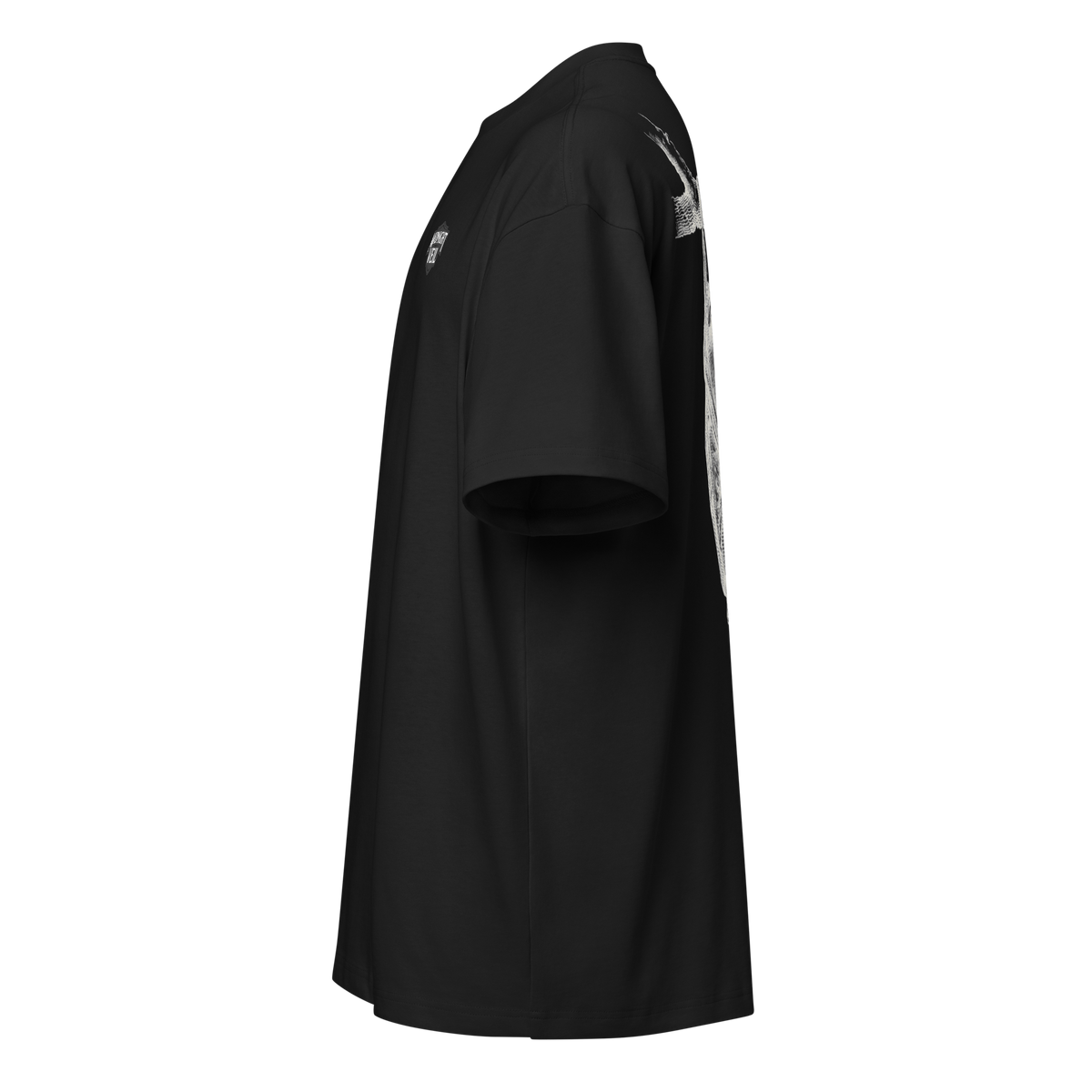 A black short-sleeve t-shirt shown from a side profile view, featuring a large off-white graphic print on the back and a small white logo on the left chest.