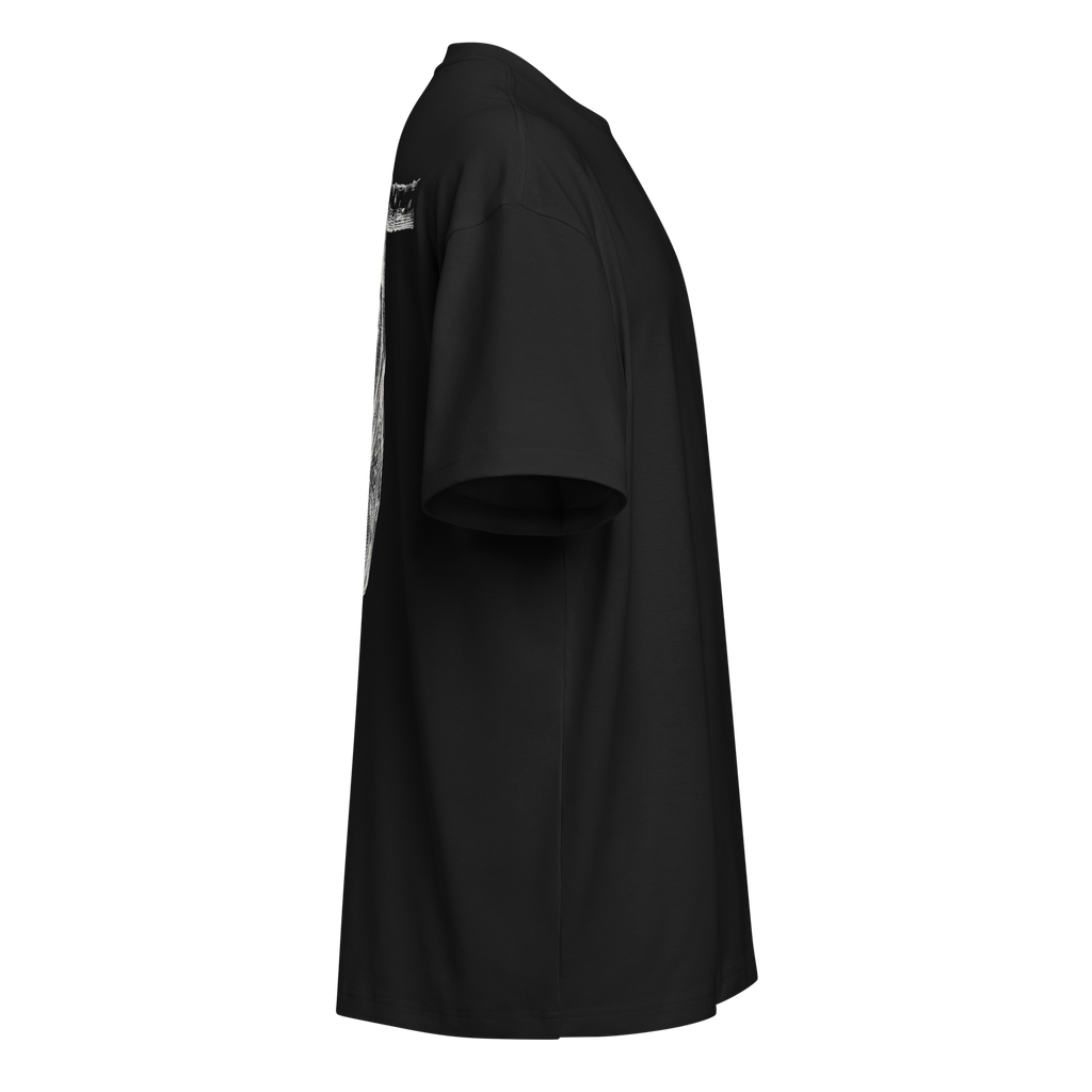 right side view of short sleeved black t-shirt